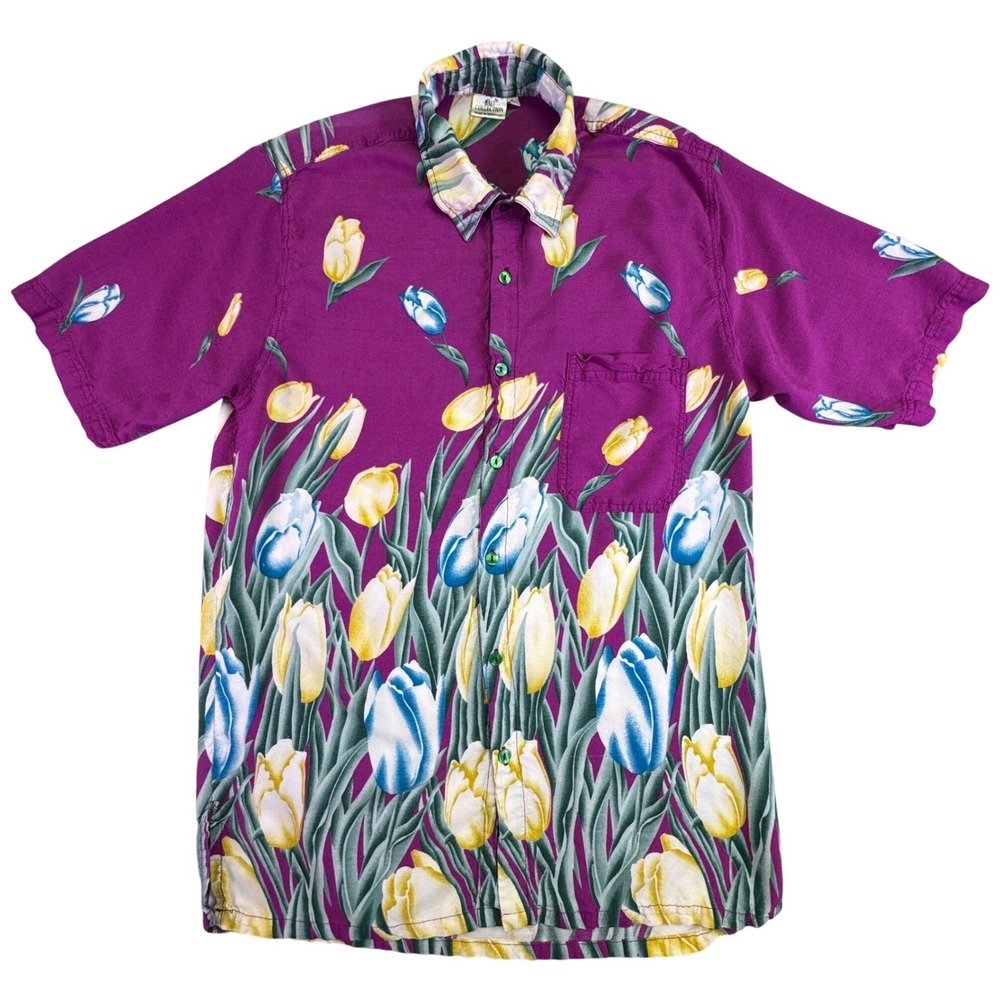 Bali Collection Button Down Shirt‎ Men's XL Purple Tulip Floral Hawaiian Floral
